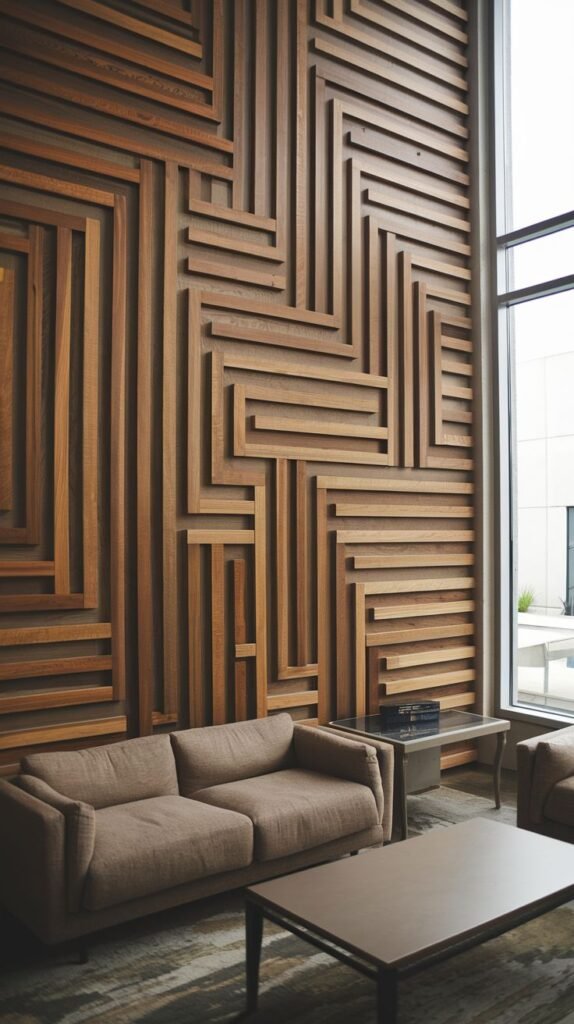 Tall, contemporary wall covered in complex, layered, medium-toned wood strips forming an abstract, geometric maze or interlocking pattern in deep relief.