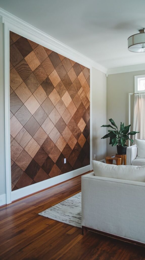 Accent wall covered in square wood tiles oriented diagonally, displaying an ombre effect with shades transitioning gradually from light to dark brown wood tones.