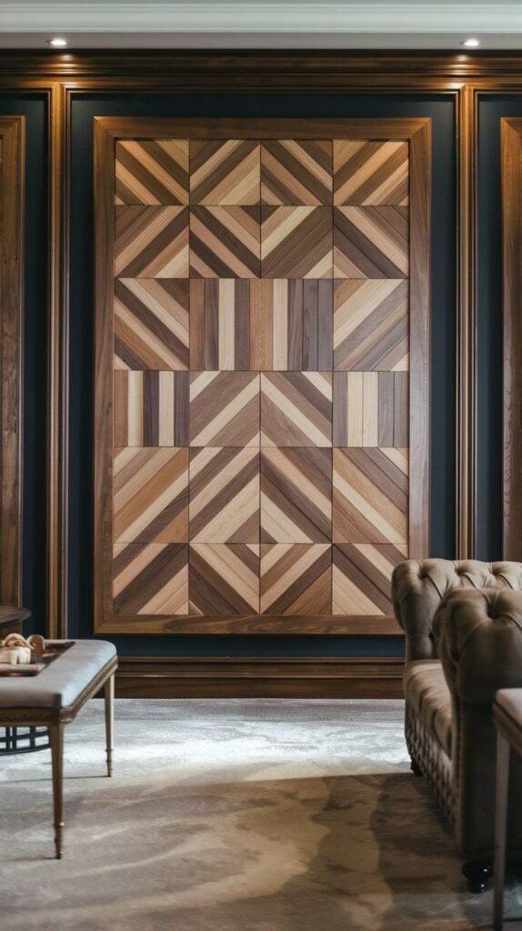Decorative central wood panel, framed by dark molding, featuring a contrasting wood mosaic pattern composed of various natural wood shades arranged geometrically.