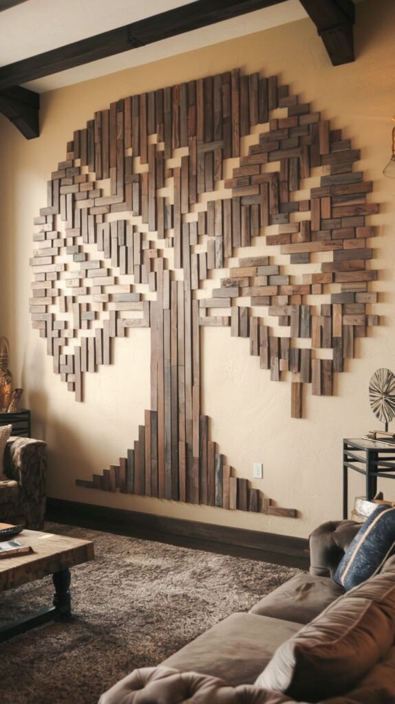 Large, artistic wall installation creating the silhouette of a massive tree, constructed entirely from short, dimensional wood blocks of mixed dark and medium tones.