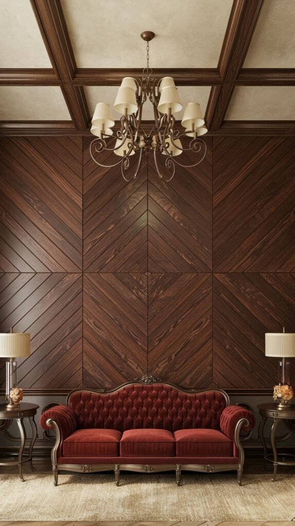 Luxurious dark red wood wall divided into large square panels, where the planks inside each panel are arranged in a diagonal pattern forming a repeating parquet or diamond pattern.