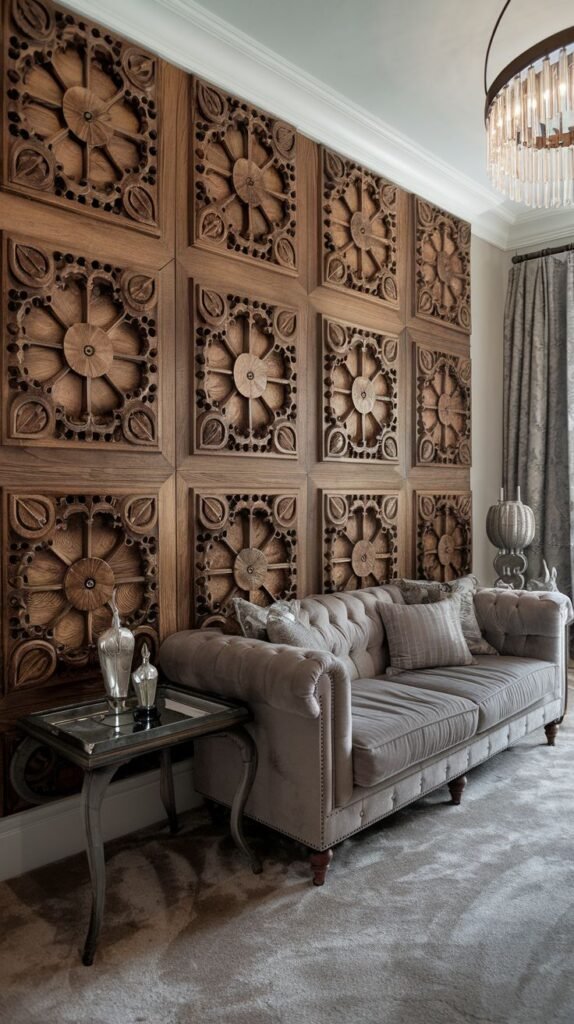 Wood paneling wall where individual square panels feature deeply carved, high-relief floral and radial mandala designs.