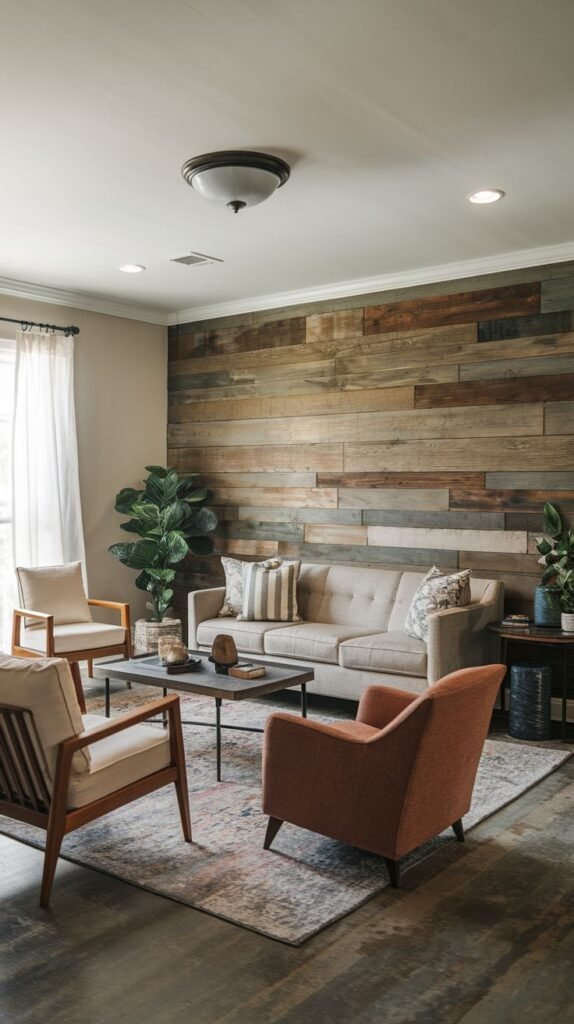 Full view of a living room anchored by a horizontal wood accent wall of multi-toned, rustic planks, with a beige sofa and armchairs arranged on a patterned area rug.