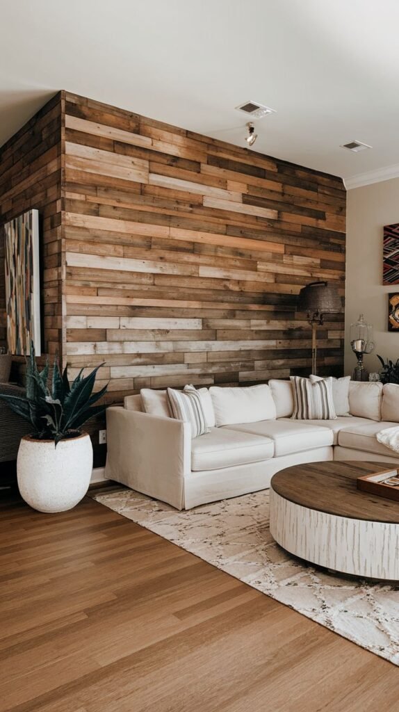 Wide shot of a living room corner where the horizontal wood accent wall, constructed of multi-toned planks, wraps around the corner, contrasting with a large white sectional sofa and a round wood coffee table.