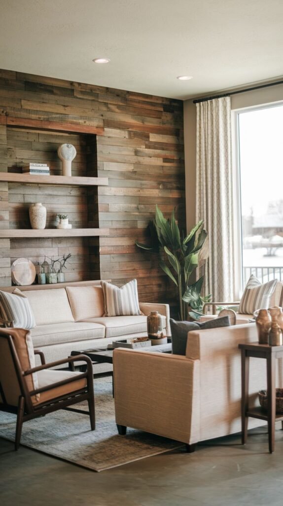 Modern living area featuring an accent wall covered in rich, multi-toned horizontal wood planks, integrating two light wood floating shelves displaying decorative objects, set behind a neutral sofa.