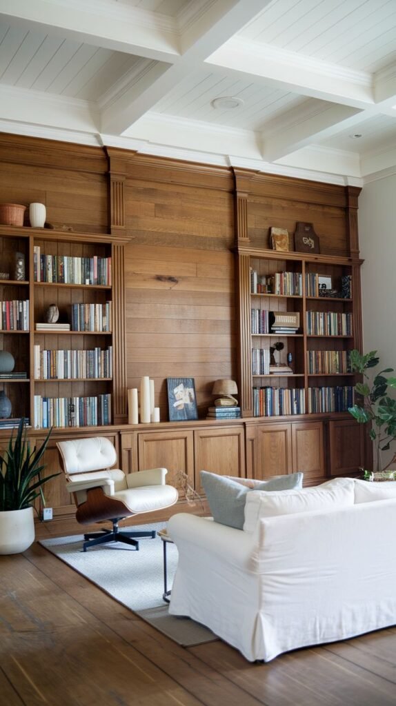 Traditional room with a floor-to-ceiling wall featuring rich, classic wood paneling in the center section, flanked symmetrically by two large, dark wood built-in bookcases, with a white sofa and Eames-style lounge chair in the foreground.