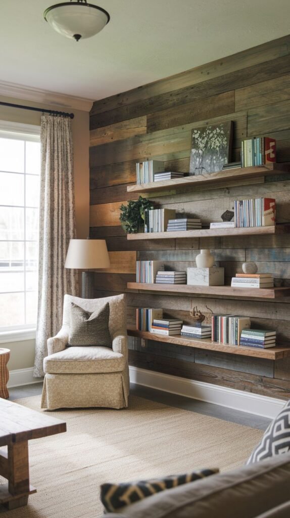 Rustic reading area featuring a weathered gray horizontal wood plank accent wall with four long floating shelves stacked and filled primarily with colorful books, next to a beige armchair and large window.
