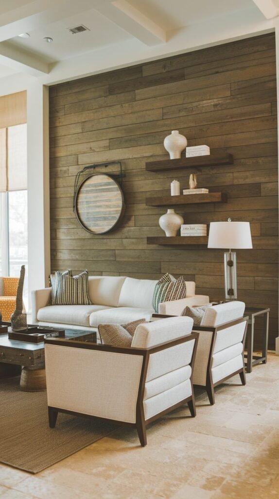 Contemporary living room anchored by a warm, consistent brown horizontal wood plank wall, featuring two dark floating shelves and a large circular mirror with a thick dark frame.