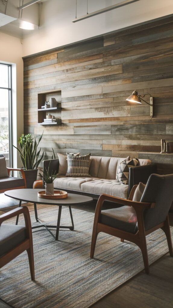 Mid-century modern style space with an accent wall of mixed brown horizontal reclaimed wood, incorporating a recessed square niche on the left and a directional metal wall sconce mounted on the right.