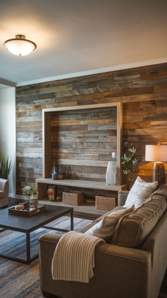 Rustic wood accent wall covered in horizontal planks of varied color, featuring a large central recessed opening framed in light, smooth wood, designed as a media console or display unit.