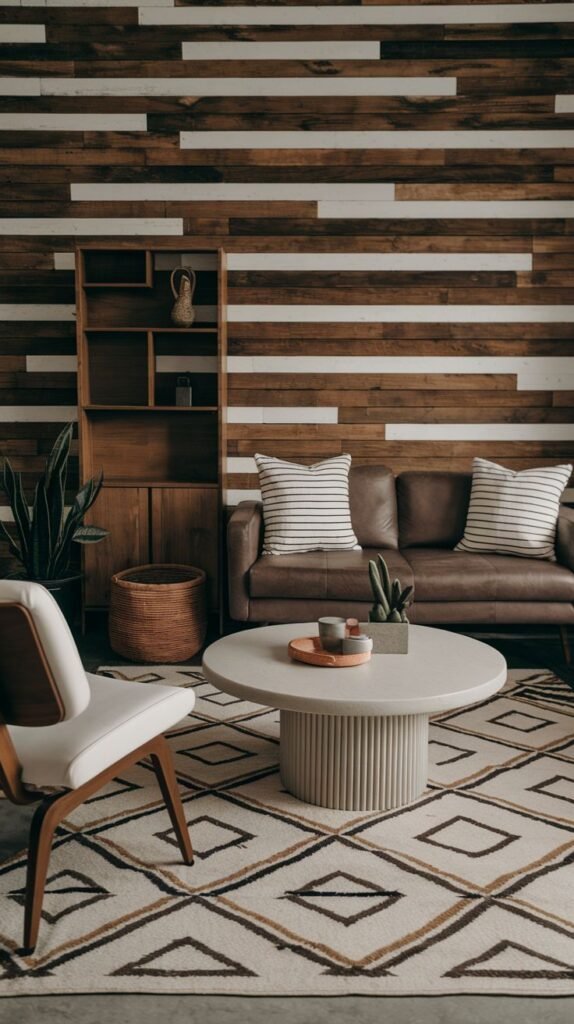 Bold, modern accent wall using wide, dark-stained horizontal wood planks interspersed with thin, high-contrast horizontal white bands, behind a brown leather sofa and next to a wooden shelving unit.