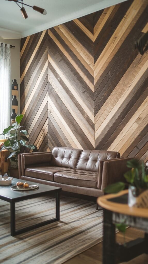 Accent wall featuring a striking, full-height chevron pattern created by wide diagonal planks of alternating light and dark natural wood tones, set behind a tufted brown leather sofa.