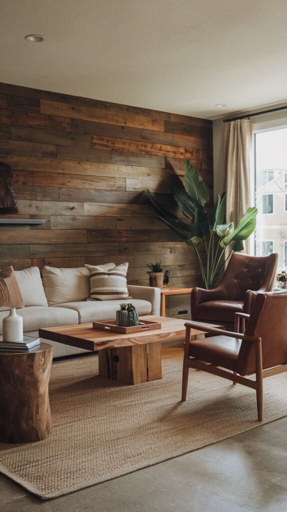 Earthy, organic living room featuring a deep brown horizontal wood accent wall, complemented by natural furnishings including a live-edge coffee table and a raw wood stump side table.