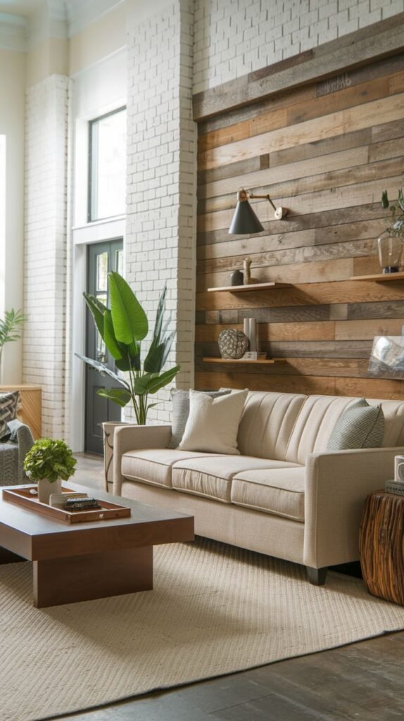 Loft setting with a multi-toned horizontal wood accent wall contrasting with an adjacent white painted brick column, featuring a black modern wall sconce and two small floating shelves.