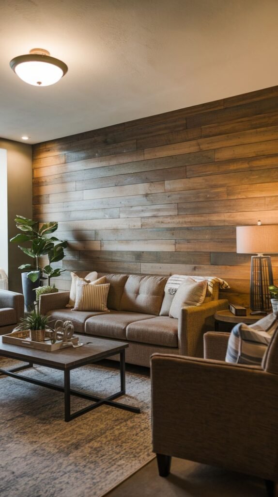 Cozy living room featuring a full accent wall of horizontal wood planks in muted browns and grays, anchoring a neutral, tufted sofa and a dark square coffee table.