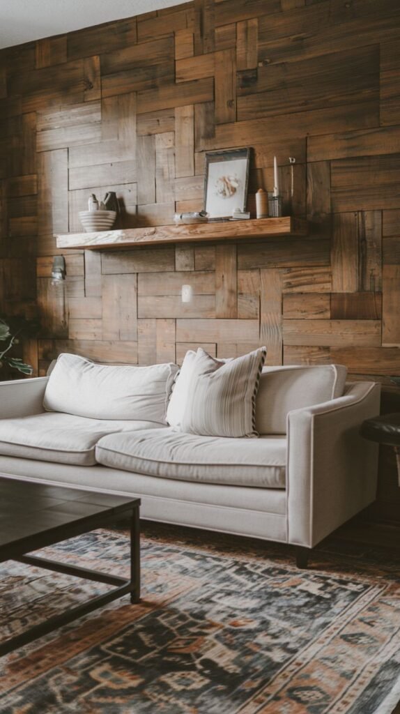 Dimensional wood accent wall constructed from small rectangular blocks arranged in a staggered pattern and stained a rich, dark brown, featuring a single thick floating shelf.