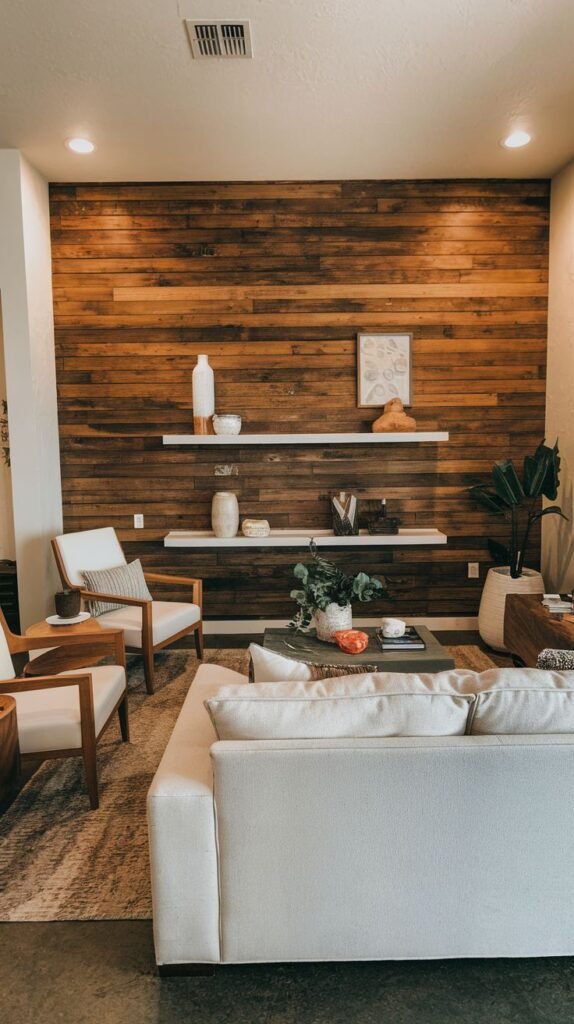 Modern space with a dark horizontal wood accent wall illuminated by ceiling spotlights, featuring two long, sleek white floating shelves displaying modern white pottery and decorative items.