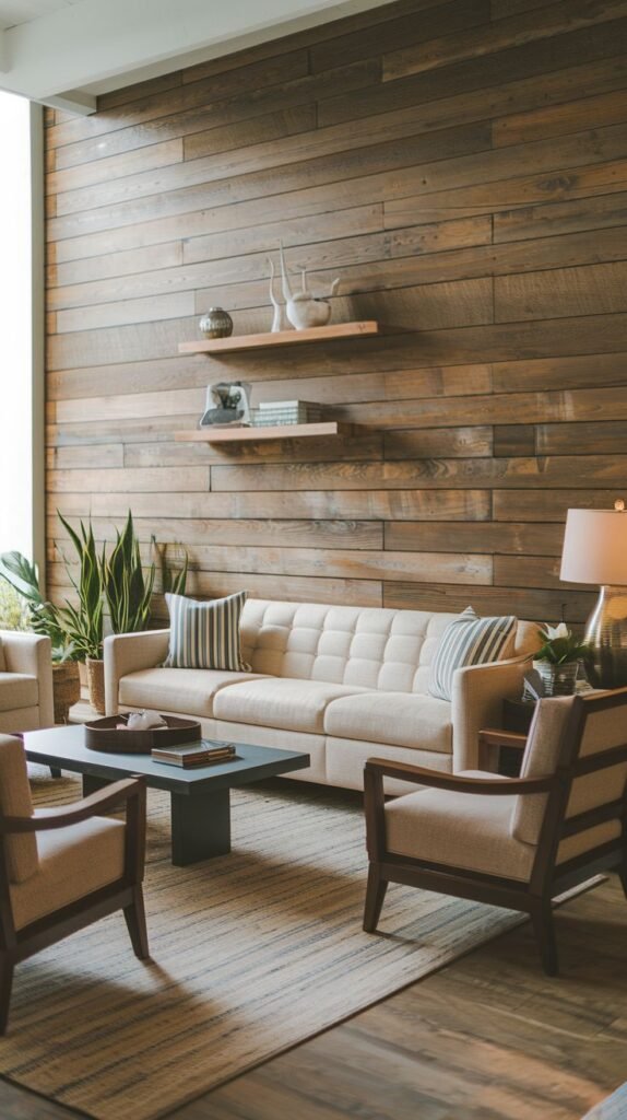 Living room with an accent wall of wide horizontal wood planks in weathered, warm tones, featuring two floating shelves of the same wood color and neutral upholstered furniture.