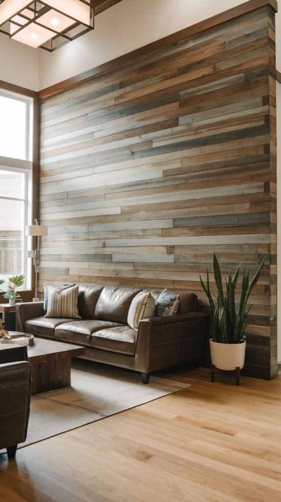 High-ceiling room featuring an expansive wood accent wall made of multi-toned horizontal planks, incorporating noticeable gray and blue washes into the rustic brown wood texture.