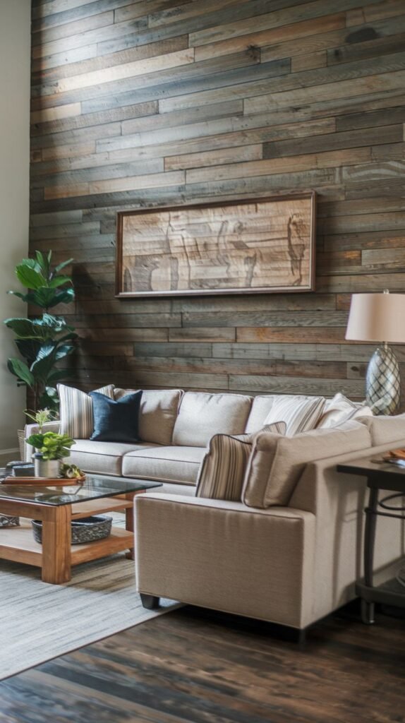 Tall, rustic wood accent wall covered in dark horizontal planks, centered by a large, framed piece of horizontal wooden artwork, set above a neutral sofa.