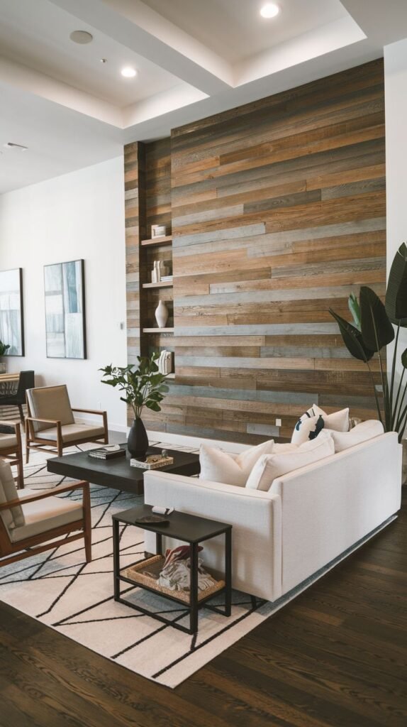 Contemporary living area with a high wood accent wall of mixed-tone horizontal planks, integrating narrow vertical recessed shelving niches on the left side, behind a white sofa.