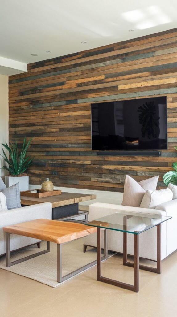 Media wall featuring horizontal multi-toned reclaimed wood planks, with a large, black flat-screen television and soundbar mounted centrally on the textured wood surface.