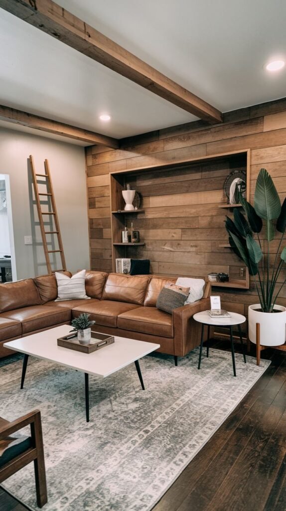 Rustic living room featuring a horizontal wood panel wall with a large, prominent square recessed niche lined with the same wood, used for display and storage, set behind a brown leather sectional.