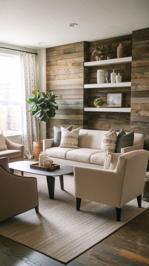 Rustic wood accent wall composed of multi-toned horizontal planks, showcasing two long, thick white floating shelves stacked vertically and decorated with white vases and framed art.