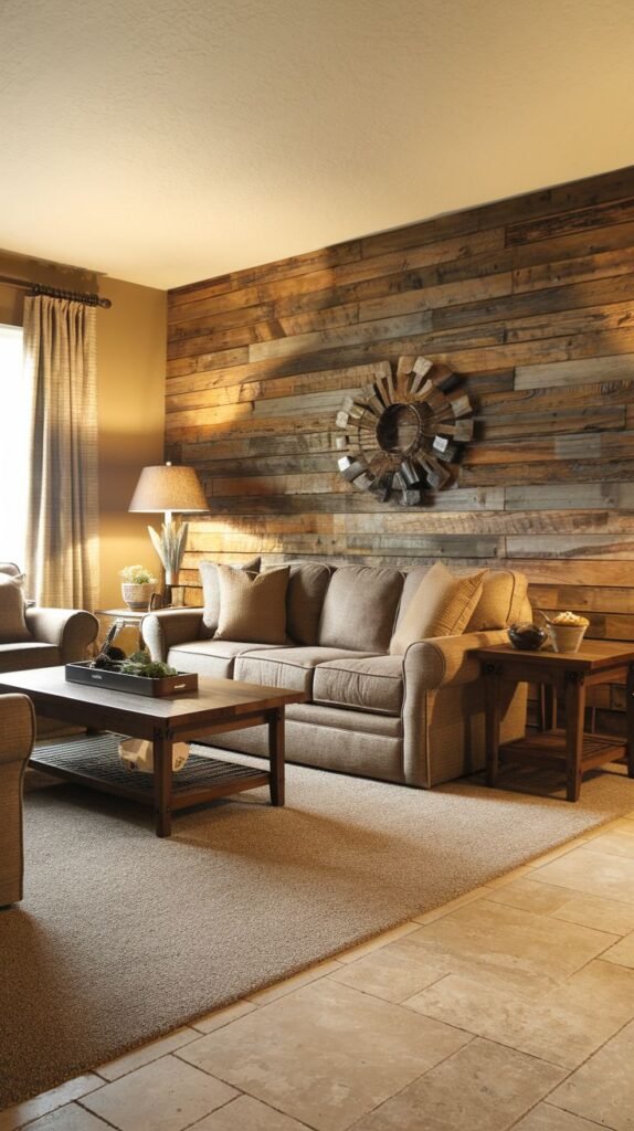 Rustic living room featuring a dark horizontal wood accent wall, decorated centrally with a large, industrial circular wall hanging (like a windmill blade design), above a brown sofa.