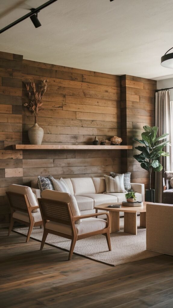 Warm-toned horizontal wood accent wall with a single, long floating wood shelf functioning as a mantel, styled with a large pottery vase and dried florals, overlooking a neutral seating arrangement.