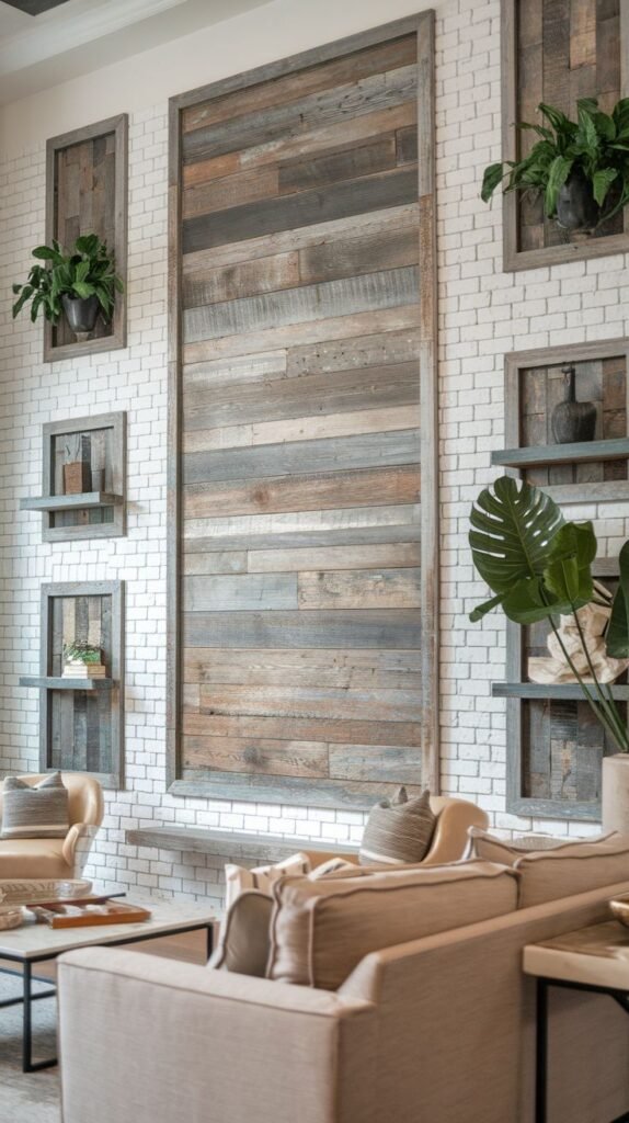Industrial-style wall featuring white subway tile interrupted by a large, framed central vertical panel of gray and brown horizontal wood planks, flanked by smaller wood-framed display niches.