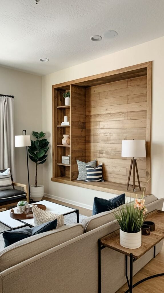 Accent wall defined by a deep, built-in architectural niche paneled with smooth, light horizontal wood, creating a window seat or reading nook with vertical shelves built into the left side.