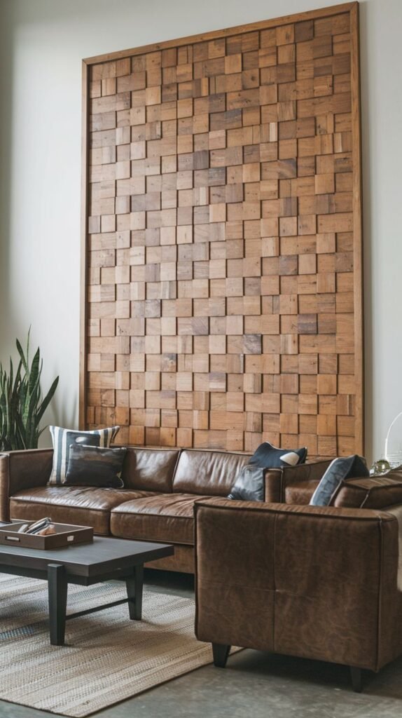 Tall, modern accent wall featuring a high-relief, dimensional pattern created by stacked, square natural wood blocks, contained within a large vertical frame, set behind a brown leather sofa.