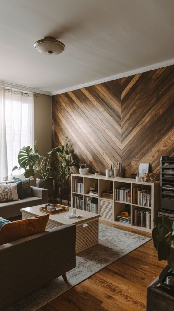 Interior corner view showing a dramatic chevron patterned wood accent wall in rich brown tones, positioned above a white cubby-style bookshelf used for storage and display.