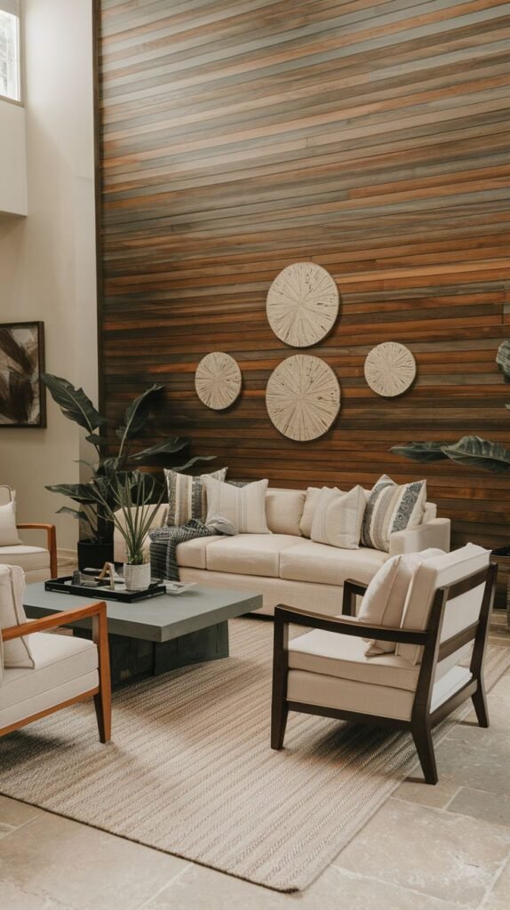 High-ceiling living space featuring a tall, smooth dark brown horizontal wood accent wall, decorated with four circular, light-colored woven wall hangings centered over a cream-colored sofa.