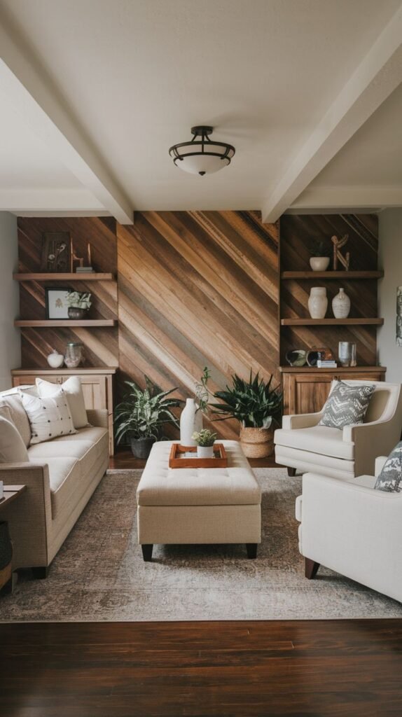 Symmetrical living room where the central portion of the wall features diagonal wood planks, flanked by two built-in shelving units paneled in darker wood.