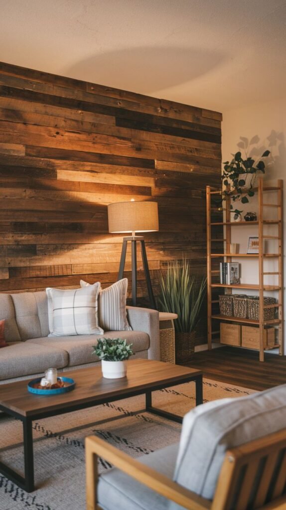 Cozy interior featuring a dark, rustic horizontal wood accent wall, with a tripod floor lamp positioned to cast warm, dramatic light across the textured planks next to a gray sofa.