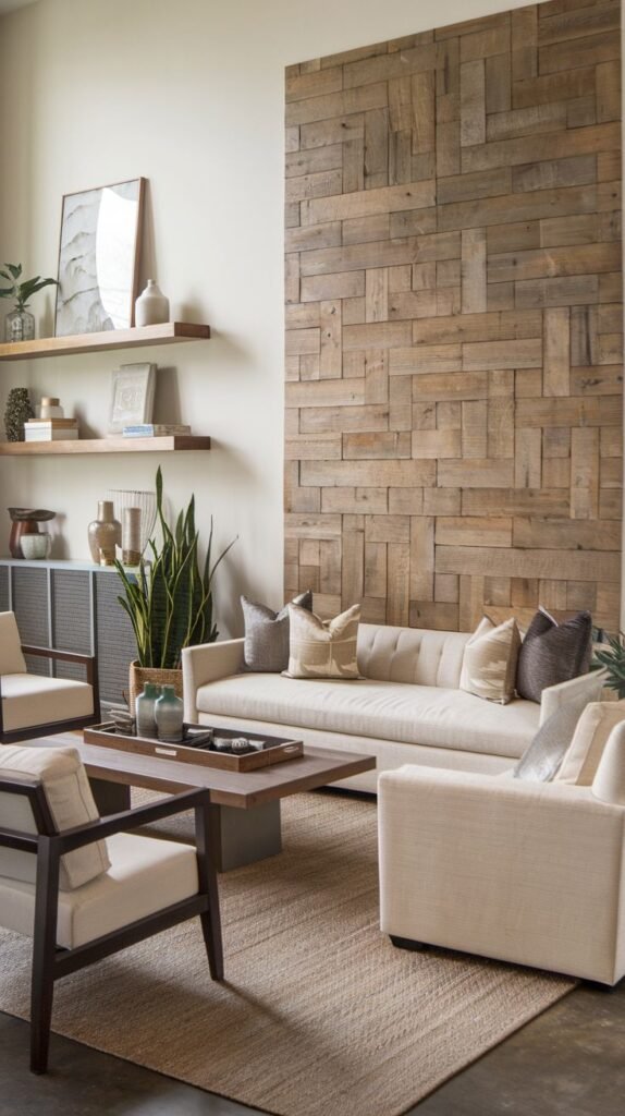 Modern living area featuring a tall vertical accent panel made of staggered, dimensional wood blocks in lighter natural tones, standing prominently beside a white wall with open shelving.