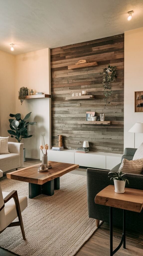 Rustic living room featuring a dark, horizontal reclaimed wood accent wall with four natural wood floating shelves, positioned above a low white media console and centered around a natural wood coffee table.