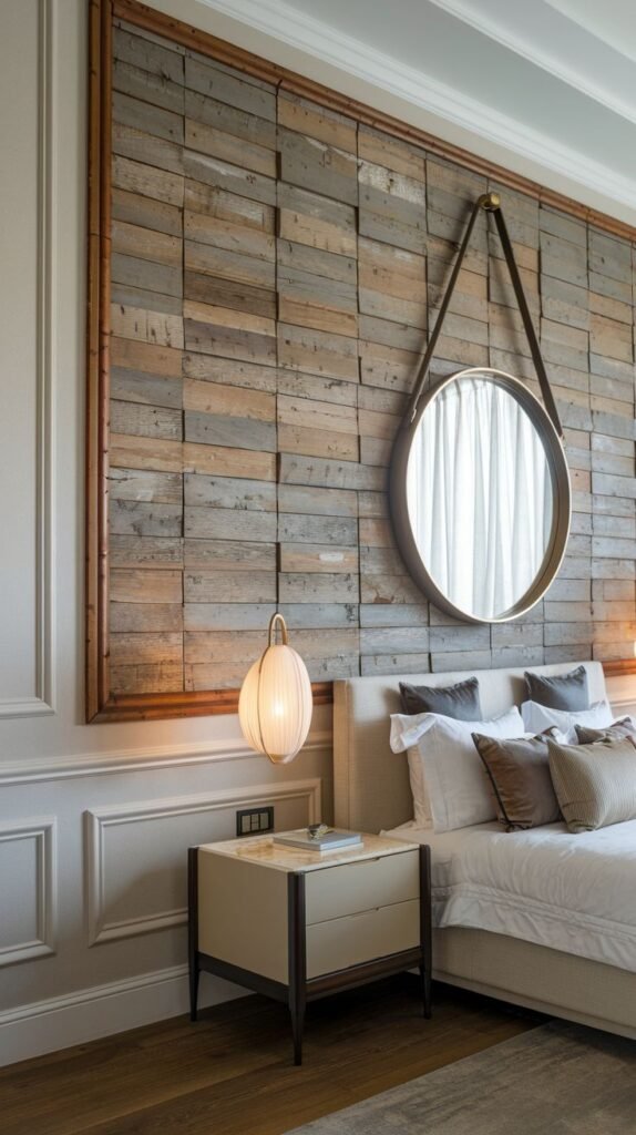 A textured accent wall composed of horizontal reclaimed wood planks in varying gray and brown tones, framed by decorative molding, centered with a circular mirror hanging from a strap.
