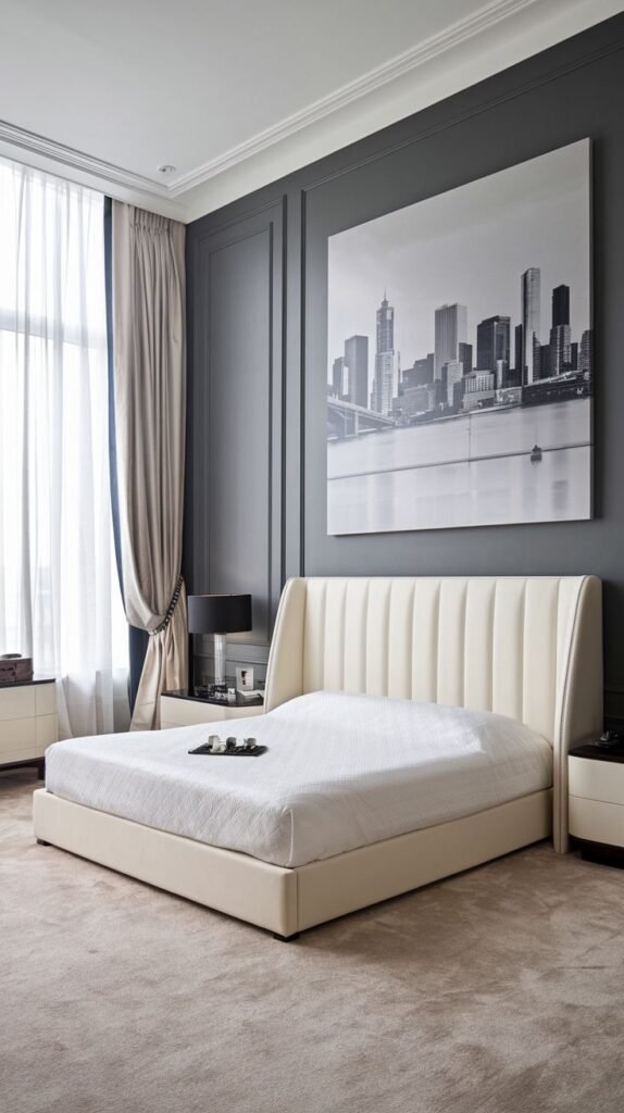 A charcoal gray accent wall featuring classic picture frame molding, providing a sophisticated backdrop for a large, black and white cityscape art piece.