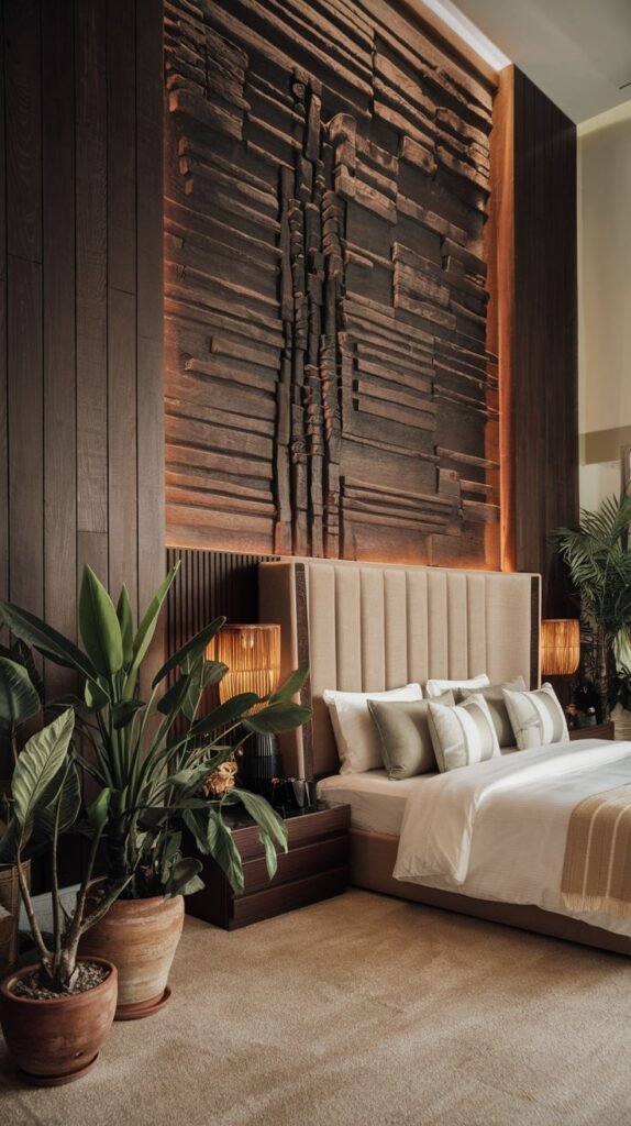 A dramatic, high accent wall composed of dark wood paneling surrounding a central, backlit rectangular section of highly dimensional, horizontally layered, rustic wood relief sculpture.