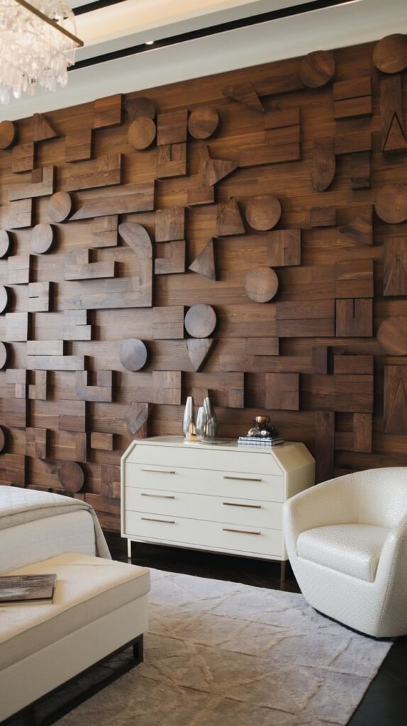 A full accent wall covered in a deep-toned wood mosaic created by layering dimensional wooden blocks, planks, circles, and various geometric shapes.