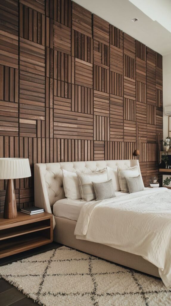 A striking accent wall covered in square modules created from narrow, horizontal wooden slats, arranged in alternating vertical and horizontal orientations resembling a large-scale basket-weave pattern.