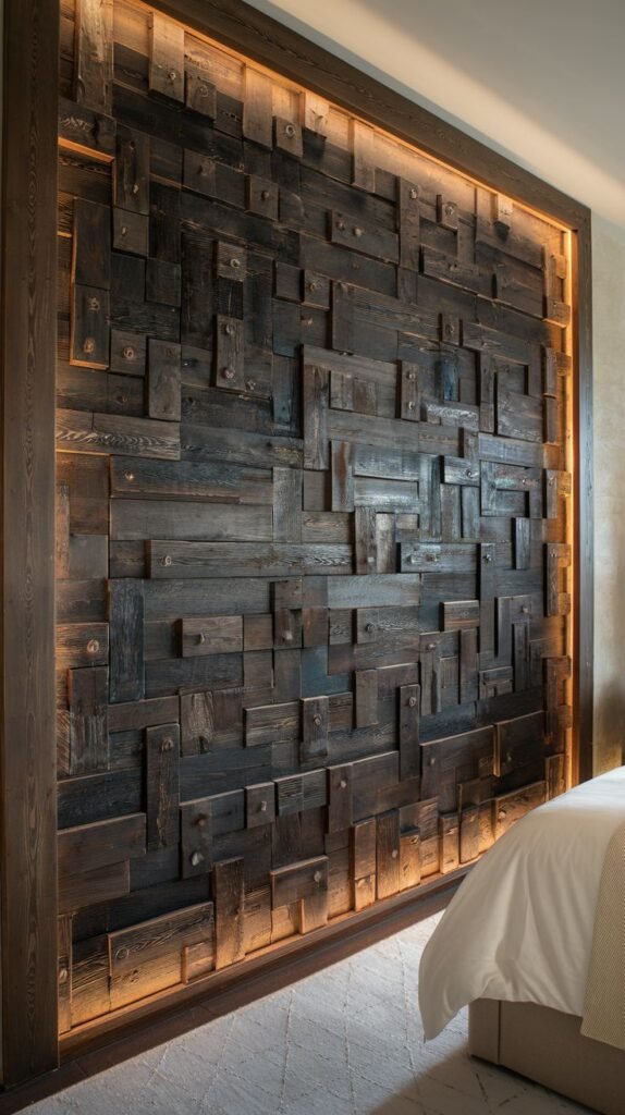 A large, dark accent wall composed of highly dimensional, distressed, stacked wood blocks, framed by an illuminated edge providing warm backlighting.