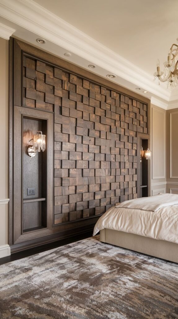 A bedroom wall featuring a central field of dimensional cuboid wood blocks in a dark stain, framed by paneling that includes vertical recessed niches with integrated crystal sconces on each side.