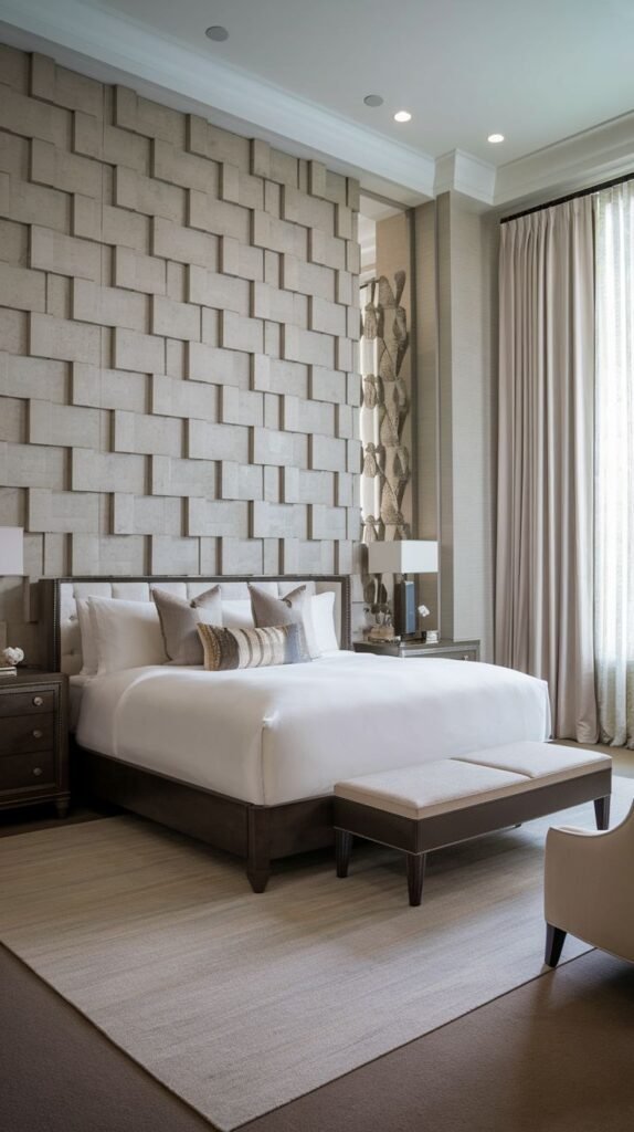 A neutral bedroom wall covered in large, rectangular dimensional panels in a pale tan or beige material, arranged in a staggered, brick-like pattern.