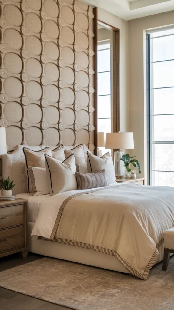 A tall accent wall covered in padded, soft, cream-colored material patterned with repeating, dimensional, overlapping circles.