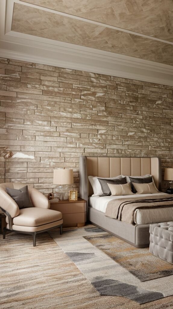 A full bedroom wall clad in horizontal strips of rough, natural stone veneer exhibiting mixed tan and beige hues.