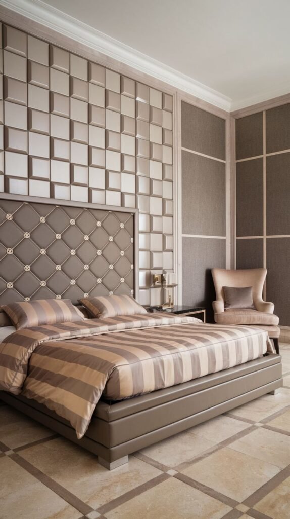 A dimensional accent wall made of high-gloss square panels with faceted surfaces, flanking a quilted, leather headboard with diamond tufting.